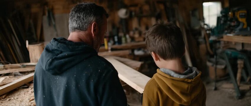 A father and son bond over woodworking in their workshop.