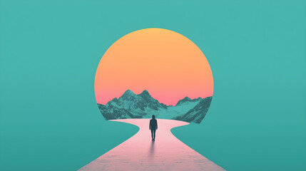Minimalist digital art of a lone figure walking on a path towards a glowing sun and mountain range. Surreal journey and exploration concept with copy space