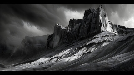 Dramatic black and white mountain landscape with rugged rock formations. Stark contrasts of light and shadow under a cloudy sky