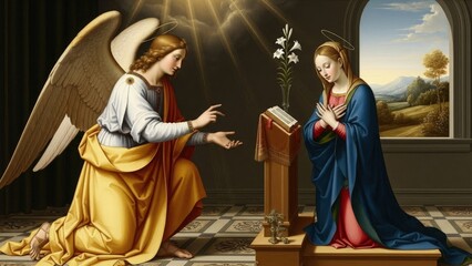 Fototapeta premium The pivotal Annunciation event depicts Archangel Gabriel delivering a sacred message to the Virgin Mary, prophesying her destiny as the mother of Jesus Christ, mankind's Redeemer