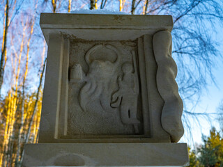 Roadside statue of the Flying Spaghetti Monster, a symbol of Pastafarianism and religious satire. An unconventional monument representing humor, freedom of belief and modern cultural commentary