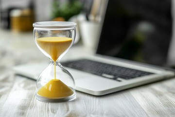 Time management tool with hourglass and laptop on work desk in modern office setting for organized daily tasks and improved focus during scheduled hours