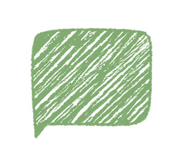 Green chalk sketch organic speech bubble with diagonal strokes. Rectangle chat box for text and message. Hand drawn comment icon, abstract graphic element, modern communication symbol.