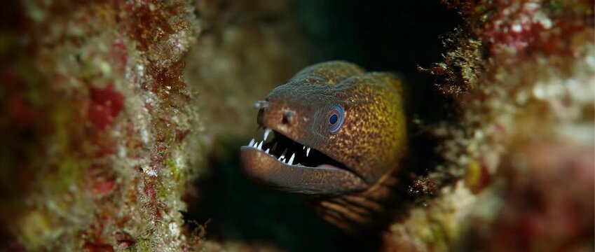 A moray eel with striking hues peeking out from its rocky coral home.