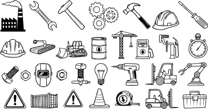 Construction and Industrial Icons: Black and White Line Art Vector Set