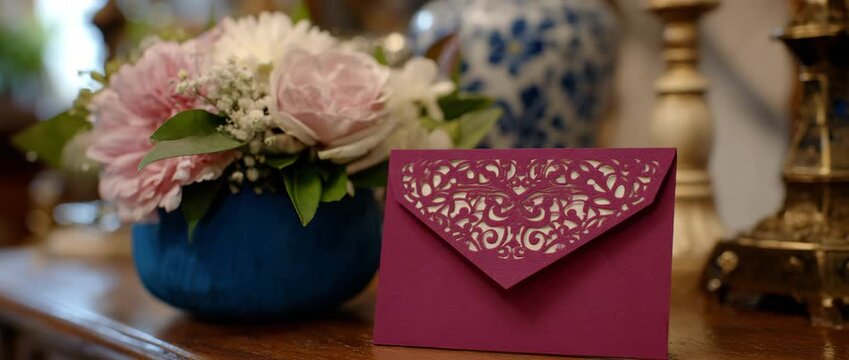 A beautifully designed envelope alongside fresh flowers, suggesting beauty and celebration.
