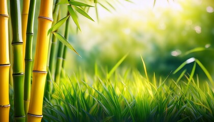 Obraz premium Yellow And Green Bamboo Stalks In Lush Grass Illustration