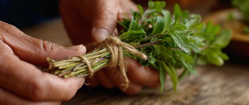 A chef prepares aromatic herbs tied for flavor enhancement in dishes.