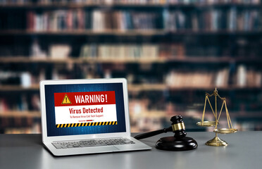 Virus warning alert on computer screen detected brisk cyber threat , hacker, computer virus and malware