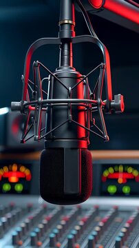 Cinematic close up of a professional condenser microphone in a dark radio studio with red lighting and a mixing console background, illustrating podcast, broadcast, and audio recording concepts.