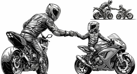 Two motorcyclists wearing full protective gear give each other a fist bump while seated upon their sport bikes on white background
