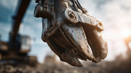 Excavator claw gripping muddy pipe &mdash; macro