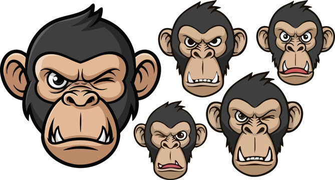 Collection of fierce angry gorilla ape head cartoon mascot icons showing various aggressive facial expressions on white background