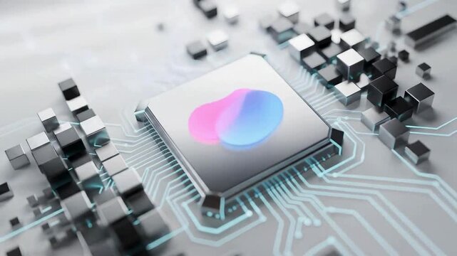 Smart ai processor animation video with modern chip design, intelligent computing performance, machine learning technology, futuristic digital hardware background
