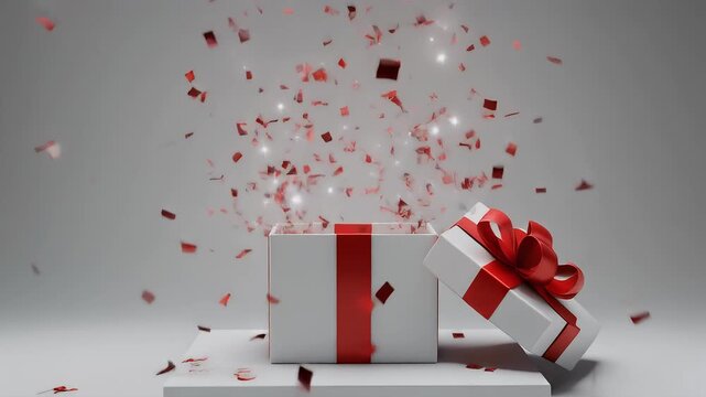 Opening white gift box with confetti 