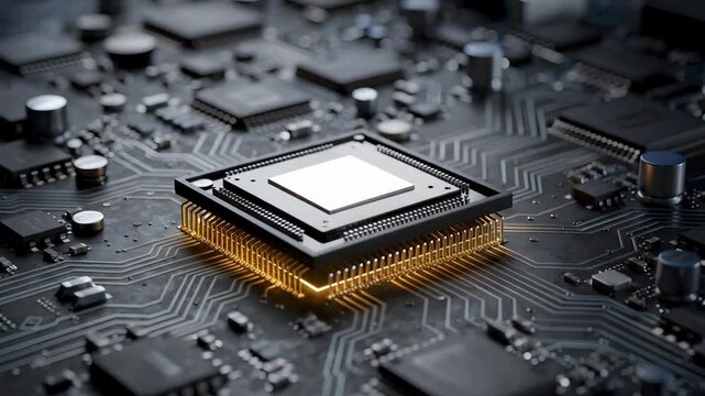 Advanced processor chip animation video on modern motherboard, high performance computing technology, data processing power, electronic hardware innovation background