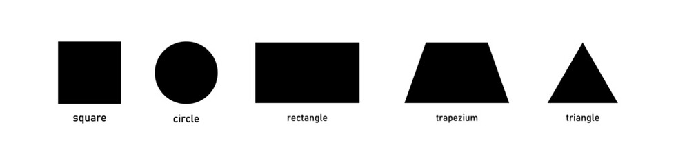 Obraz premium Basic geometric shape icons set, Square circle rectangle trapezoid triangle shapes, Flat black geometry symbols, Simple geometric figures collection, Shape icon set
