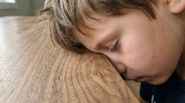 Extreme close-up of a boy&rsquo;s face resting against a modern wooden desk surface. The natural wood grain texture is visible, with soft light emphasizing details and a quiet classroom atmosphere.