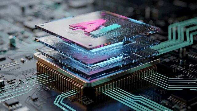 AI accelerator chip animation showing layered processor architecture, next generation computing technology video, neural processing unit, futuristic digital hardware background