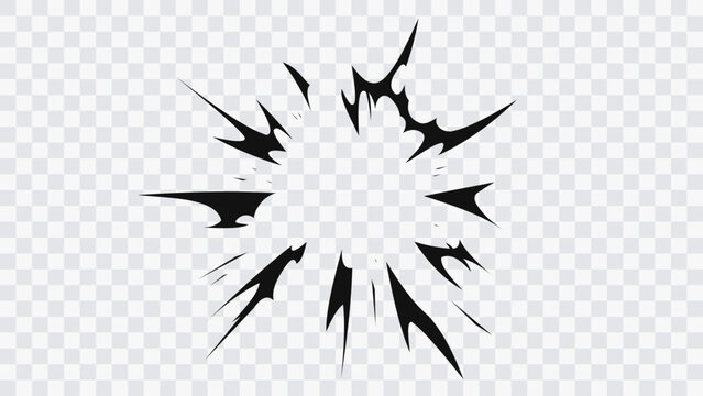 Comic style radial impact burst effect. Black manga speed lines explosion isolated on transparent background. Dynamic anime action element for fight scenes, sound effects, posters and graphic design.