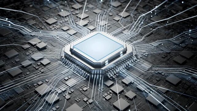 Central processing unit animation with radiating data connections, futuristic microchip core, digital intelligence hub, advanced computing technology background video