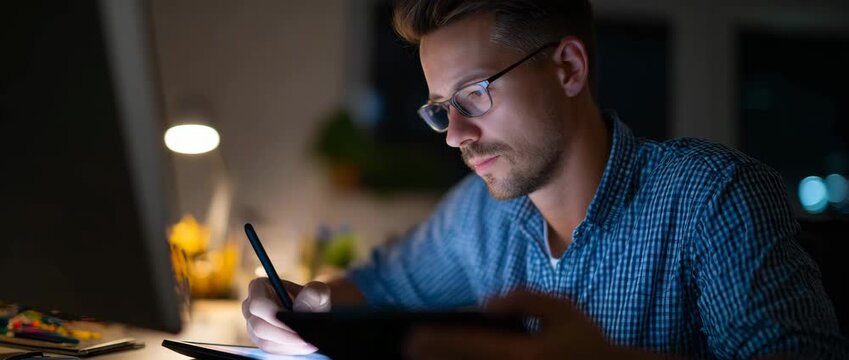 A focused man creates artwork on a tablet in the dark.