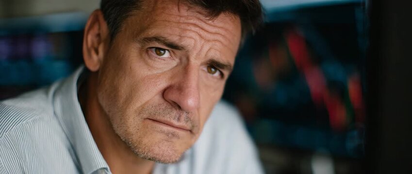 A man with a contemplative expression reflects on personal challenges.