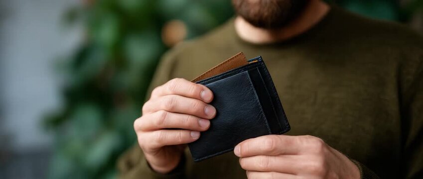 A stylish black wallet is displayed in a man's hands outdoors.