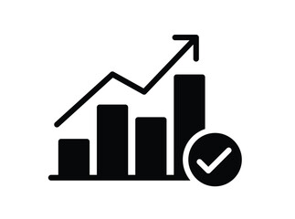 Black and White Icon of Growing Bar Graph with Check Mark for Success