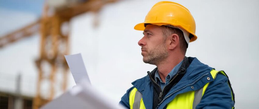 A focused construction manager studies blueprints on a building site, ensuring precision.