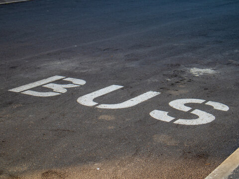 The ground shows a white bus parking spot in a city