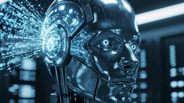 Close up of a detailed futuristic metallic android head illuminated with glowing blue digital data streams emanating from its mind