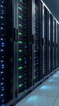 Modern black server racks with blinking green LEDs lining a clean data center corridor in a cinematic 3D rendering, illustrating cloud computing and big data storage infrastructure.
