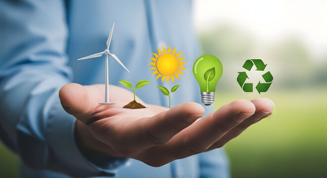 Hand Displaying Sustainable Icons Including Wind Solar and Energy Symbols - Powered by Adobe