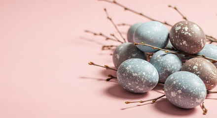 Easter eggs in a decorative nest on pink background