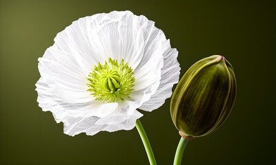 Stunning white poppy flower and textured green seed pod isolated on dark olive background.