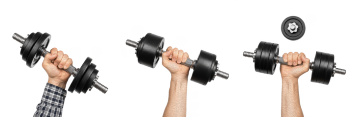 Set/Collection of human hand holding dumbbell, fitness and strength training equipment for workout, bodybuilding, muscle building and healthy lifestyle concept isolated on transparent PNG background