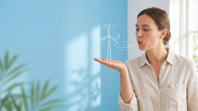 Young woman holding a sketch of a wind turbine and blowing on it. Concept of renewable energy, ecology, and sustainable future
