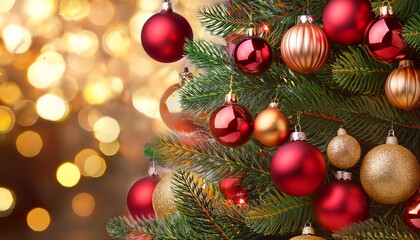 Obraz premium Festive Red Christmas Baubles And Gold Glass Ornaments Decorating A Shiny Holiday Celebration Tree