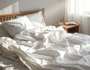 Soft morning light illuminating an inviting, messy white bed