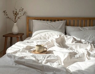Tranquil morning scene with a warm beverage on an inviting rumpled bed