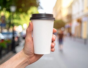 Enjoying a warm morning beverage in a plain disposable cup on a city street walk