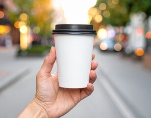 Morning coffee in the city Hand holding a paper cup with blurred background
