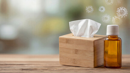 Tissue box and amber glass medicine bottle amid floating virus particles, conveying illness, cold and flu treatment, prevention, and ongoing efforts to stop infection and disease spread