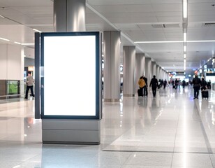 Empty advertisement display screen in a bright, spacious public area