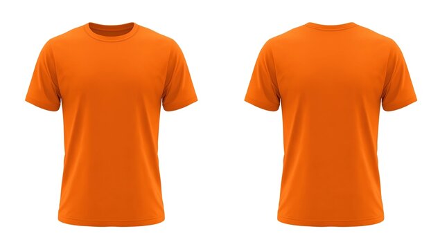 Orange t-shirt mock up, front and back view, isolated. Plain orange shirt mockup. Tshirt design template. Blank tee for print