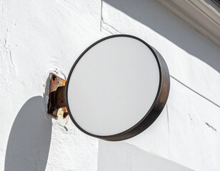 Empty Round Business Sign Mockup on Textured White Wall Exterior