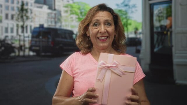 Smiling middle aged hispanic woman holding pink gift box on busy urban city street with van behind her; joy celebration.