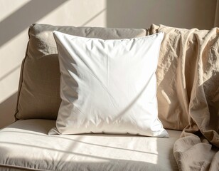 Cozy White Pillow on Sofa Bathed in Warm Sunlight, Minimalist Home Decor Aesthetic