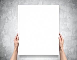 Human hands presenting a clean blank white canvas against a textured gray wall
